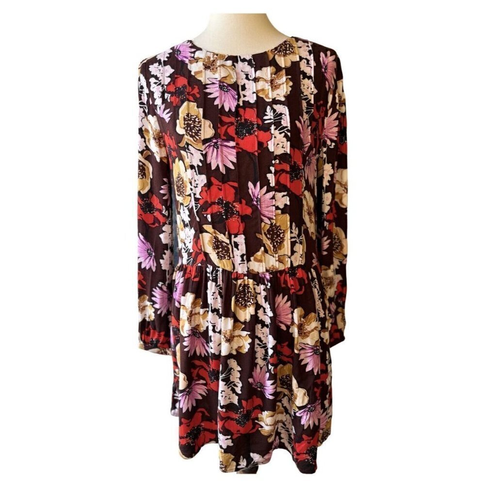 Hinge Women's Pintuck Floral Burgundy Fudge Wild Bouquet Mini Dress Size S